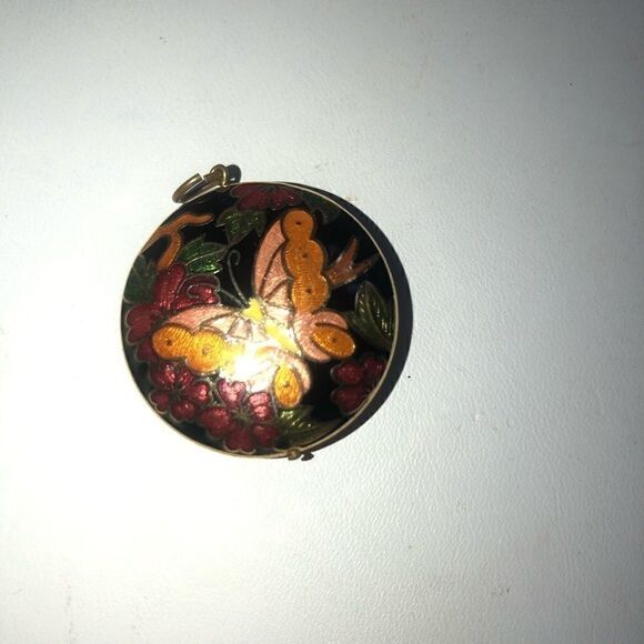 Vintage Cloisonné double sided flower butterfly pendant charm gold-tone - Picture 2 of 2